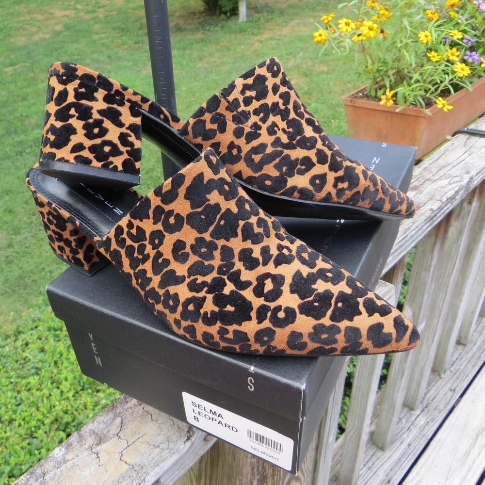 Steven by Steve Madden "Selma" animal print black/tan block heel slides 8M